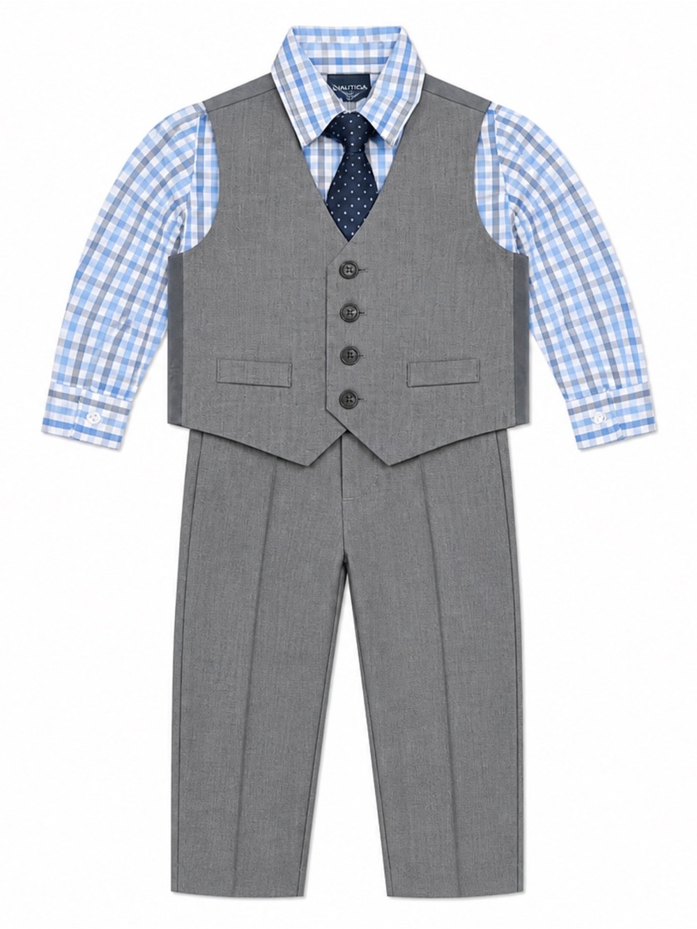 Nautica Boys 18M 4pc Suit Gray Vest Pants Blue Plaid Shirt Tie Formal Set GUC